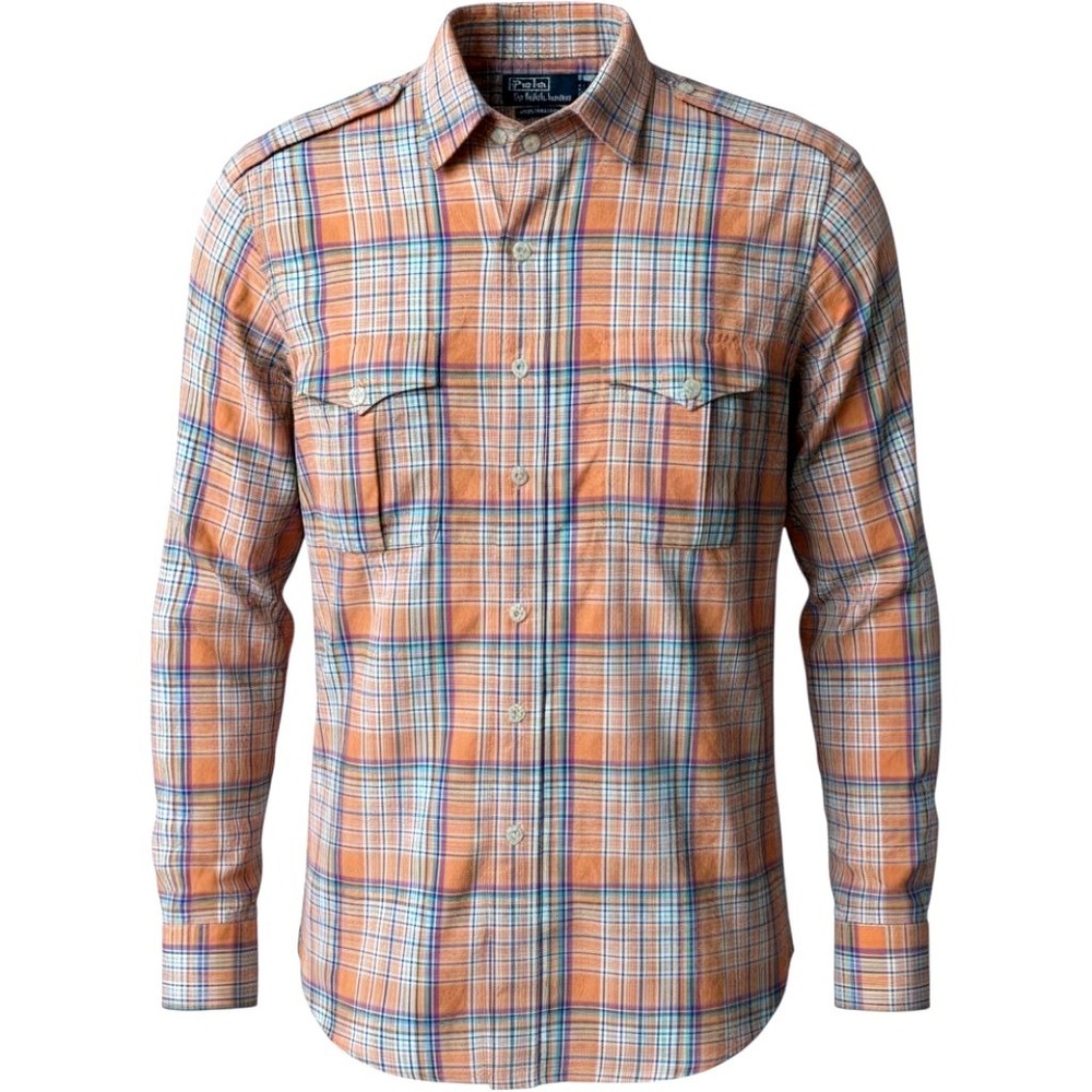 Polo Ralph Lauren Trim Military Shirt XL Orange Plaid Long Sleeve Cotton Vintage